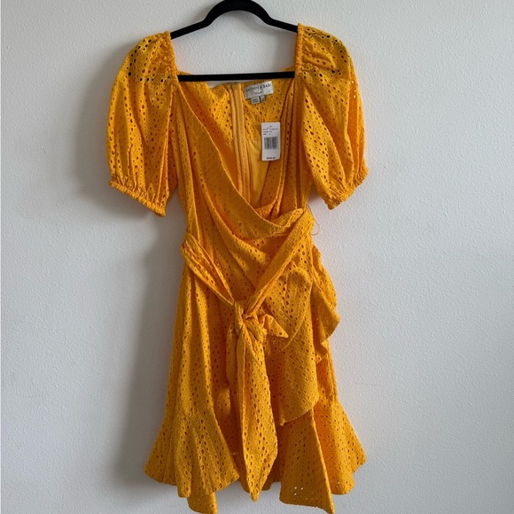 NWT Sachin & Babi Yellow Eyelet Ruffled Hem Belted Puff Sleeves Dress - Picture 4 of 6